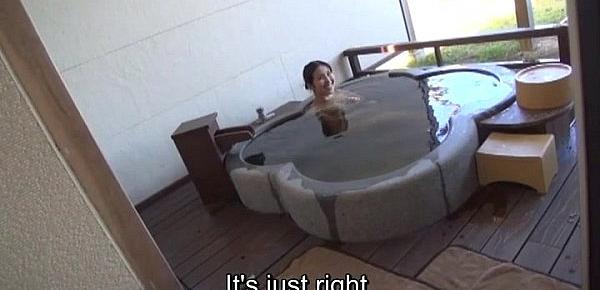  Subtitled Japanese mature Tae bathes in outdoor onsen